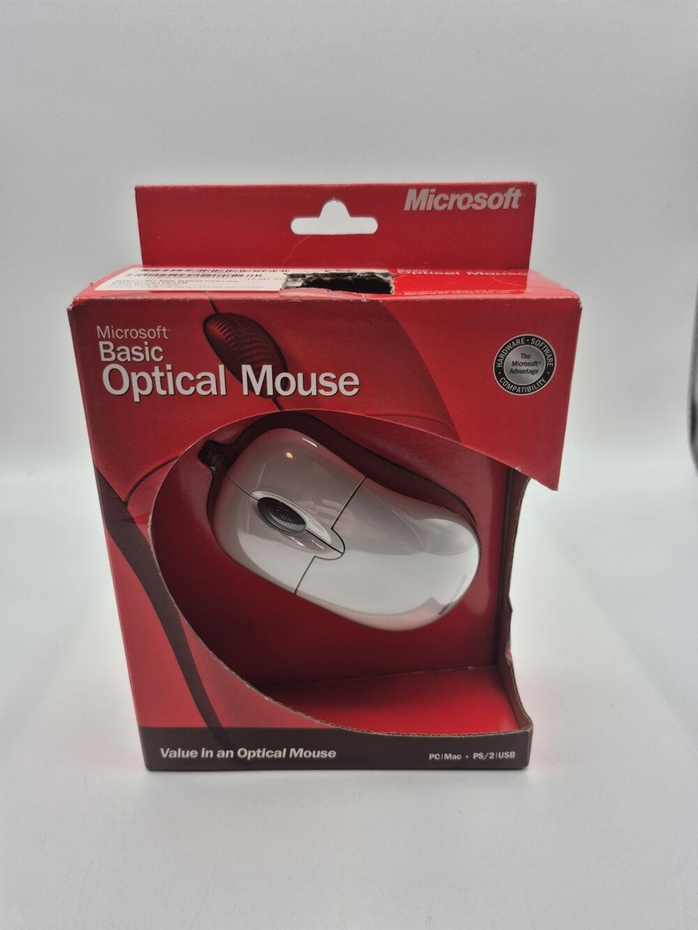 Vintage Microsoft Basic Optical Wired White Mouse PS/2 USB X09-13932 Damaged Box